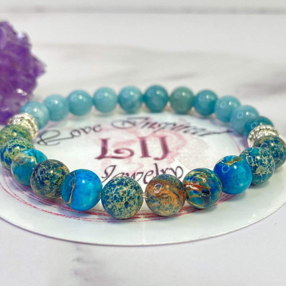 Apatite Blue Sea Sediment Imperial Jasper and Aquamarine Agate Gemstone Bracelet